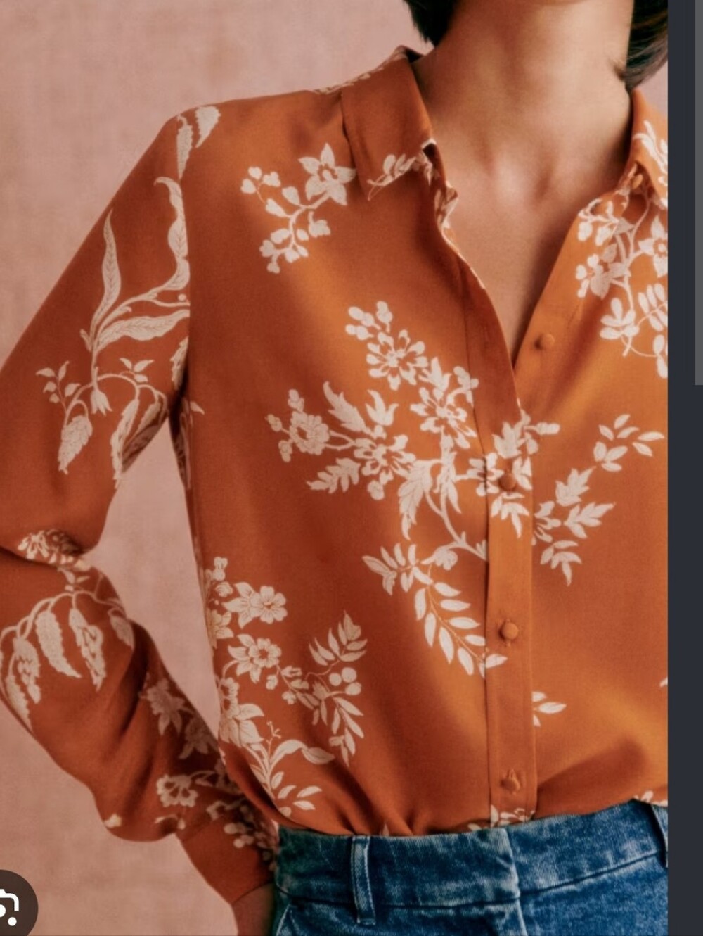 Sezane Ann Burnt Orange Floral Button-Down Silk Blouse - 38